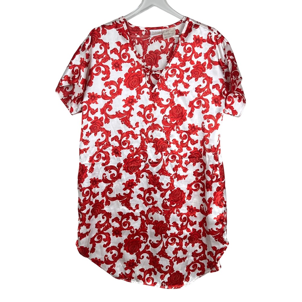 Intimate Moods Nightgown Womens M Satin Floral Baroque Red White Rose Sleepwear